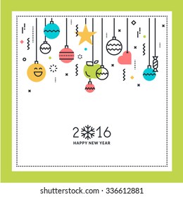 New Year flat line design greeting card. Vector illustration for website banner and marketing material.