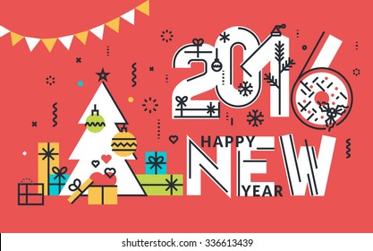 New Year flat line design concept for greeting card, web banner, marketing material.