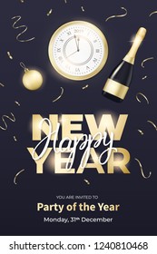 New Year flyer design. Layout with champagne bottle, clock, gold ball and New Year lettering.