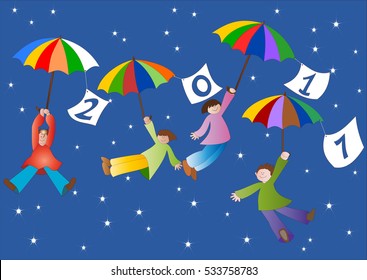 New Year with flying children by umbrellas