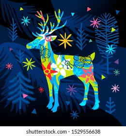 New Year forest landscape colorful ornament deer greeting cards. Christmas tree stars snowflakes. Hand drawn vector illustration.