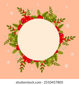 New Year frame, background for a postcard, announcements. gift, candy, branch. On white isolated background.