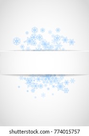 New Year frame with blue snowflakes on white paper background. Vertical Christmas and New Year frame for gift certificate, ads, banner, flyer, sales offers, event invitations. Frosty snow with sparkle