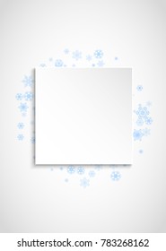 New Year frame with blue snowflakes on white paper background. Vertical Christmas and New Year frame for gift certificate, ads, banner, flyer, sales offers, event invitations. Frosty snow with sparkle