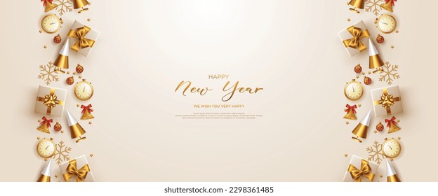 New year frame card with realistic new year decoration.	