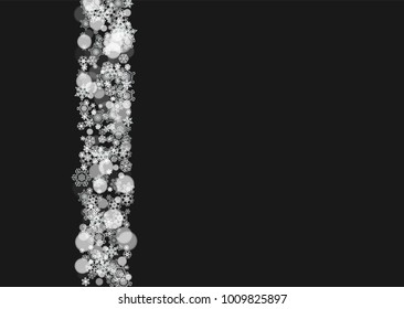 New Year frame with cold snowflakes on black horizontal background. Christmas and New Year frame for gift certificates, ads, banners, flyers, sales offers, event invitations. Falling snow and bokeh