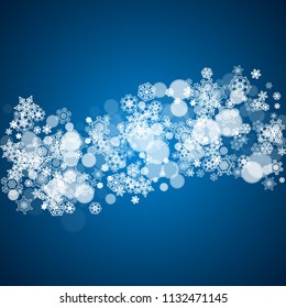 New Year frame with cold snowflakes on blue background. Winter window. Christmas and New Year frame for gift certificates, ads, banners, flyers, sales offers, event invitations. Falling snow and bokeh