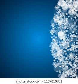 New Year frame with cold snowflakes on blue background. Winter window. Christmas and New Year frame for gift certificates, ads, banners, flyers, sales offers, event invitations. Falling snow and bokeh