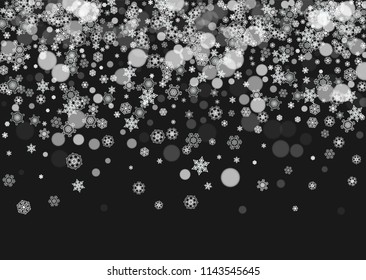 New Year frame with cold snowflakes on black horizontal background. Christmas and New Year frame for gift certificates, ads, banners, flyers, sales offers, event invitations. Falling snow and bokeh