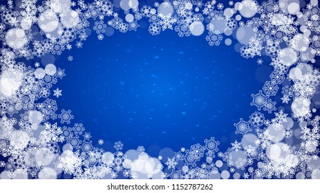 New Year frame with cold snowflakes on blue horizontal background with sparkles. Christmas and New Year frame for gift certificates, ads, banners, flyers, sales offers, event invitations. Falling snow