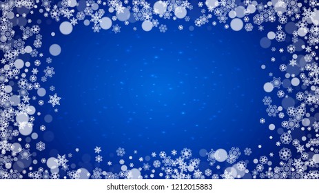 New Year frame with cold snowflakes on blue horizontal background with sparkles. Christmas and New Year frame for gift certificates, ads, banners, flyers, sales offers, event invitations. Falling snow