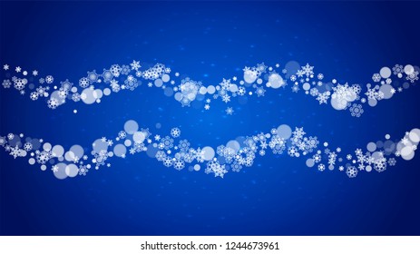 New Year frame with cold snowflakes on blue horizontal background with sparkles. Christmas and New Year frame for gift certificates, ads, banners, flyers, sales offers, event invitations. Falling snow