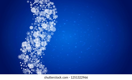 New Year frame with cold snowflakes on blue horizontal background with sparkles. Christmas and New Year frame for gift certificates, ads, banners, flyers, sales offers, event invitations. Falling snow
