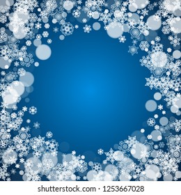 New Year frame with cold snowflakes on blue background. Winter window. Christmas and New Year frame for gift certificates, ads, banners, flyers, sales offers, event invitations. Falling snow and bokeh