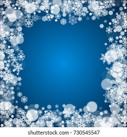 New Year frame with cold snowflakes on blue background. Winter window. Christmas and New Year frame for gift certificates, ads, banners, flyers, sales offers, event invitations. Falling snow and bokeh