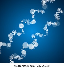 New Year frame with cold snowflakes on blue background. Winter window. Christmas and New Year frame for gift certificates, ads, banners, flyers, sales offers, event invitations. Falling snow and bokeh