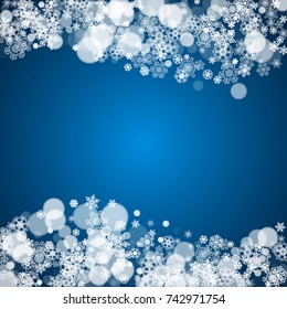 New Year frame with cold snowflakes on blue background. Winter window. Christmas and New Year frame for gift certificates, ads, banners, flyers, sales offers, event invitations. Falling snow and bokeh
