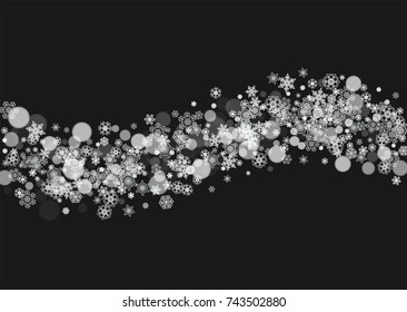 New Year frame with cold snowflakes on black horizontal background. Christmas and New Year frame for gift certificates, ads, banners, flyers, sales offers, event invitations. Falling snow and bokeh