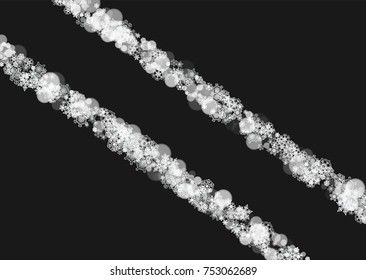 New Year frame with cold snowflakes on black horizontal background. Christmas and New Year frame for gift certificates, ads, banners, flyers, sales offers, event invitations. Falling snow and bokeh