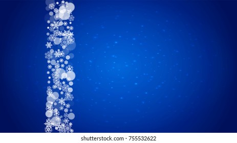New Year frame with cold snowflakes on blue horizontal background with sparkles. Christmas and New Year frame for gift certificates, ads, banners, flyers, sales offers, event invitations. Falling snow