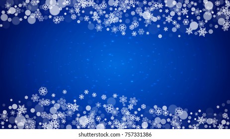 New Year frame with cold snowflakes on blue horizontal background with sparkles. Christmas and New Year frame for gift certificates, ads, banners, flyers, sales offers, event invitations. Falling snow
