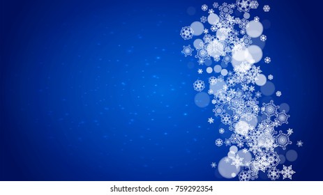 New Year frame with cold snowflakes on blue horizontal background with sparkles. Christmas and New Year frame for gift certificates, ads, banners, flyers, sales offers, event invitations. Falling snow