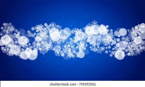 New Year frame with cold snowflakes on blue horizontal background with sparkles. Christmas and New Year frame for gift certificates, ads, banners, flyers, sales offers, event invitations. Falling snow