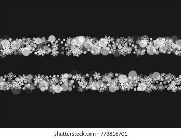 New Year frame with cold snowflakes on black horizontal background. Christmas and New Year frame for gift certificates, ads, banners, flyers, sales offers, event invitations. Falling snow and bokeh