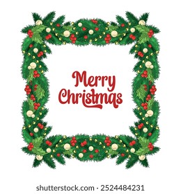 New Year frame colorful poster with Christmas holly and fir branches for winter family photo or portrait design vector illustration