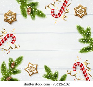 New year frame composed of pine twigs with pinecones serpentine stars and peppermint candy cane realistic vector Illustration