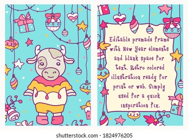 New year frame with copy space and cute silver bull. Hand drawing double-sided Christmas greeting card. Vector cartoon illustration ready for print or web.