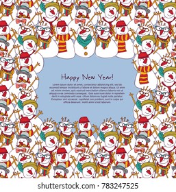 New year frame crowd snowmen greeting card. Color vector illustration. EPS8