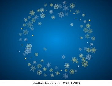 New Year frame with gold snowflakes on blue background. Horizontal Christmas and New Year frame for gift certificate, ads, banner, flyer, sales offers, event invitations. Glitter snow with sparkle