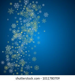 New Year frame with gold snowflakes on blue background. Winter window. Christmas and New Year frame for gift certificate, ads, banner, flyer, sales offers, event invitations. Glitter snow with sparkle