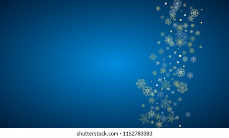 New Year frame with gold snowflakes on blue background. Horizontal  Christmas and New Year frame for gift certificate, ads, banner, flyer, sales offers, event invitations. Glitter snow with sparkle