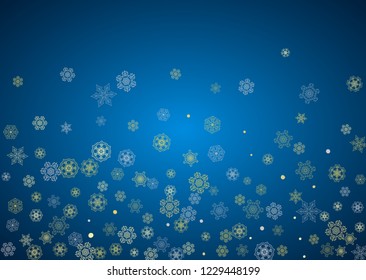 New Year frame with gold snowflakes on blue background. Horizontal Christmas and New Year frame for gift certificate, ads, banner, flyer, sales offers, event invitations. Glitter snow with sparkle