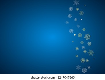 New Year frame with gold snowflakes on blue background. Horizontal Christmas and New Year frame for gift certificate, ads, banner, flyer, sales offers, event invitations. Glitter snow with sparkle