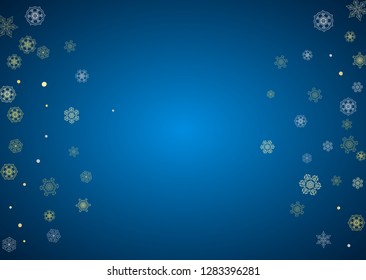 New Year frame with gold snowflakes on blue background. Horizontal Christmas and New Year frame for gift certificate, ads, banner, flyer, sales offers, event invitations. Glitter snow with sparkle