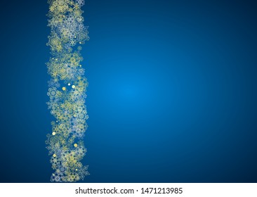 New Year frame with gold snowflakes on blue background. Horizontal Christmas and New Year frame for gift certificate, ads, banner, flyer, sales offers, event invitations. Glitter snow with sparkle