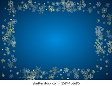 New Year frame with gold snowflakes on blue background. Horizontal Christmas and New Year frame for gift certificate, ads, banner, flyer, sales offers, event invitations. Glitter snow with sparkle
