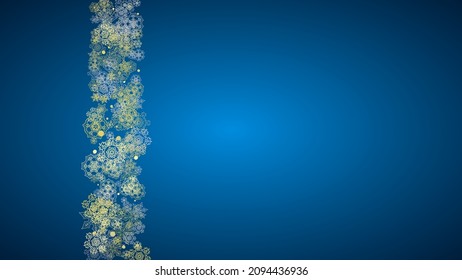 New Year frame with gold snowflakes on blue background. Horizontal  Christmas and New Year frame for gift certificate, ads, banner, flyer, sales offers, event invitations. Glitter snow with sparkle