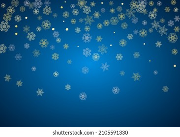 New Year frame with gold snowflakes on blue background. Horizontal Christmas and New Year frame for gift certificate, ads, banner, flyer, sales offers, event invitations. Glitter snow with sparkle