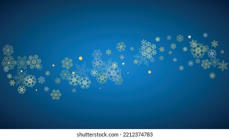 New Year frame with gold snowflakes on blue background. Horizontal  Christmas and New Year frame for gift certificate, ads, banner, flyer, sales offers, event invitations. Glitter snow with sparkle