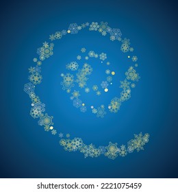 New Year frame with gold snowflakes on blue background. Winter window. Christmas and New Year frame for gift certificate, ads, banner, flyer, sales offers, event invitations. Glitter snow with sparkle