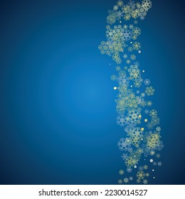 New Year frame with gold snowflakes on blue background. Winter window. Christmas and New Year frame for gift certificate, ads, banner, flyer, sales offers, event invitations. Glitter snow with sparkle