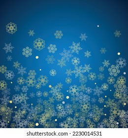 New Year frame with gold snowflakes on blue background. Winter window. Christmas and New Year frame for gift certificate, ads, banner, flyer, sales offers, event invitations. Glitter snow with sparkle