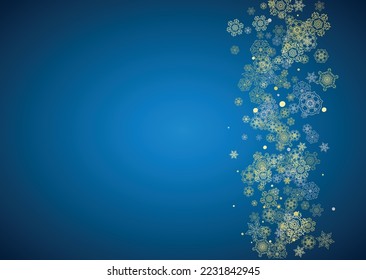 New Year frame with gold snowflakes on blue background. Horizontal Christmas and New Year frame for gift certificate, ads, banner, flyer, sales offers, event invitations. Glitter snow with sparkle