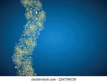 New Year frame with gold snowflakes on blue background. Horizontal Christmas and New Year frame for gift certificate, ads, banner, flyer, sales offers, event invitations. Glitter snow with sparkle