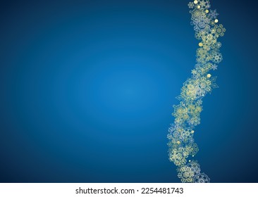 New Year frame with gold snowflakes on blue background. Horizontal Christmas and New Year frame for gift certificate, ads, banner, flyer, sales offers, event invitations. Glitter snow with sparkle