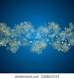 New Year frame with gold snowflakes on blue background. Winter window. Christmas and New Year frame for gift certificate, ads, banner, flyer, sales offers, event invitations. Glitter snow with sparkle